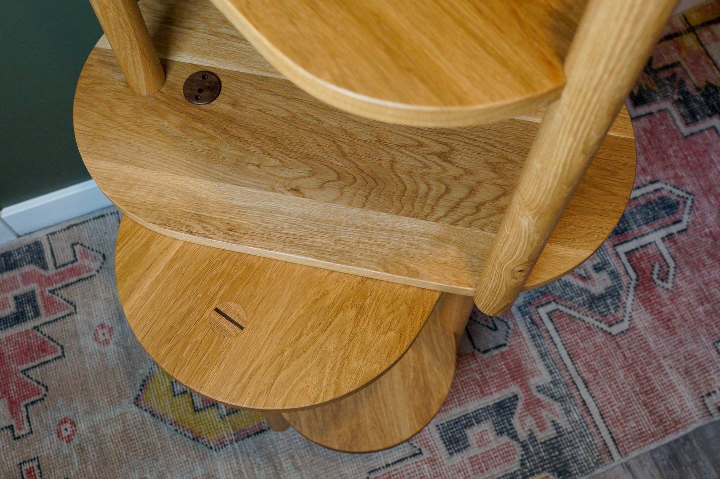 The Beside Table, by Biglow Woodcraft; close up of a two wooden table stacked. Hardwood White Oak