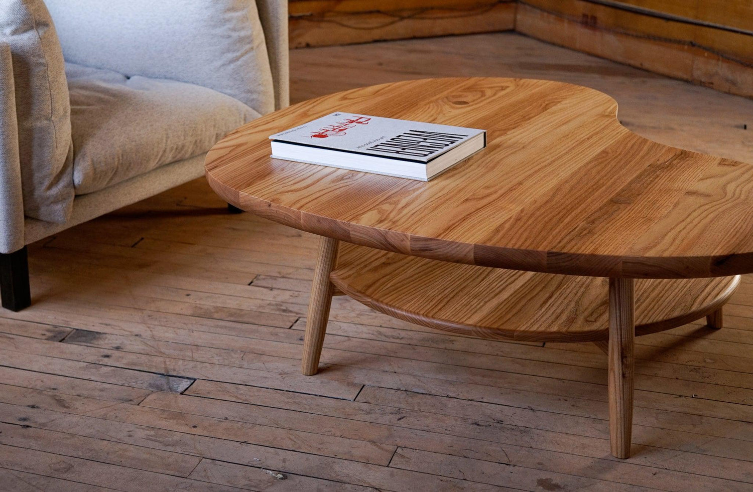 A custom coffee table in a mid century modern style.