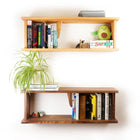 Two Book Stops assembled and wall mounted displaying books and plants - Biglow Woodcraft - Cherry - Walnut